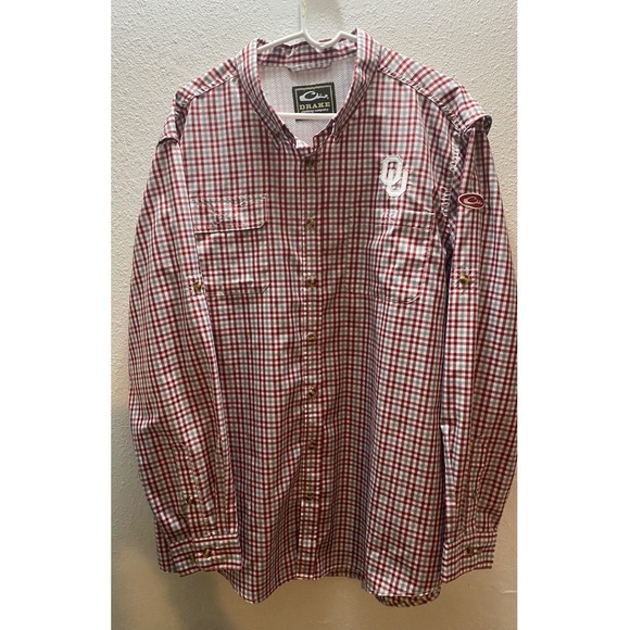 Drake Clothing Company Men's XL OU Logo Plaid Long Sleeve Fishing Shirt Red Gray - Picture 2 of 12